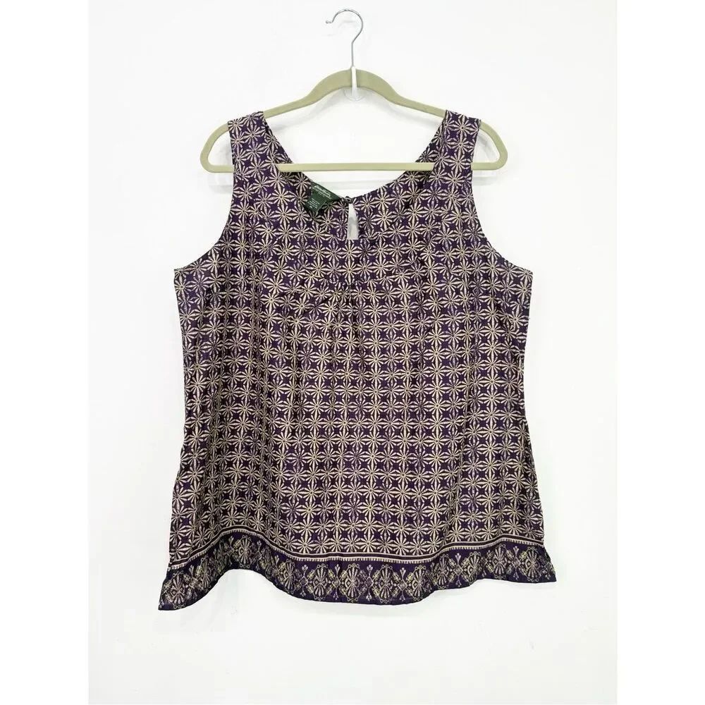Eddie Bauer Burgundy Ethnic Floral Print 100% Cotton Lightweight Tank Blouse